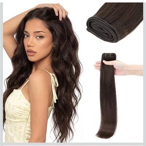 Hairro Sew in Hair Extensions Real Human Hair, Straight 14” 100g #2R-Dark Brown